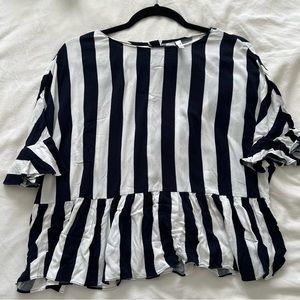 Zara Vertical Striped Loose Fit Peplum Hem Blouse With Frilled Short Sleeves